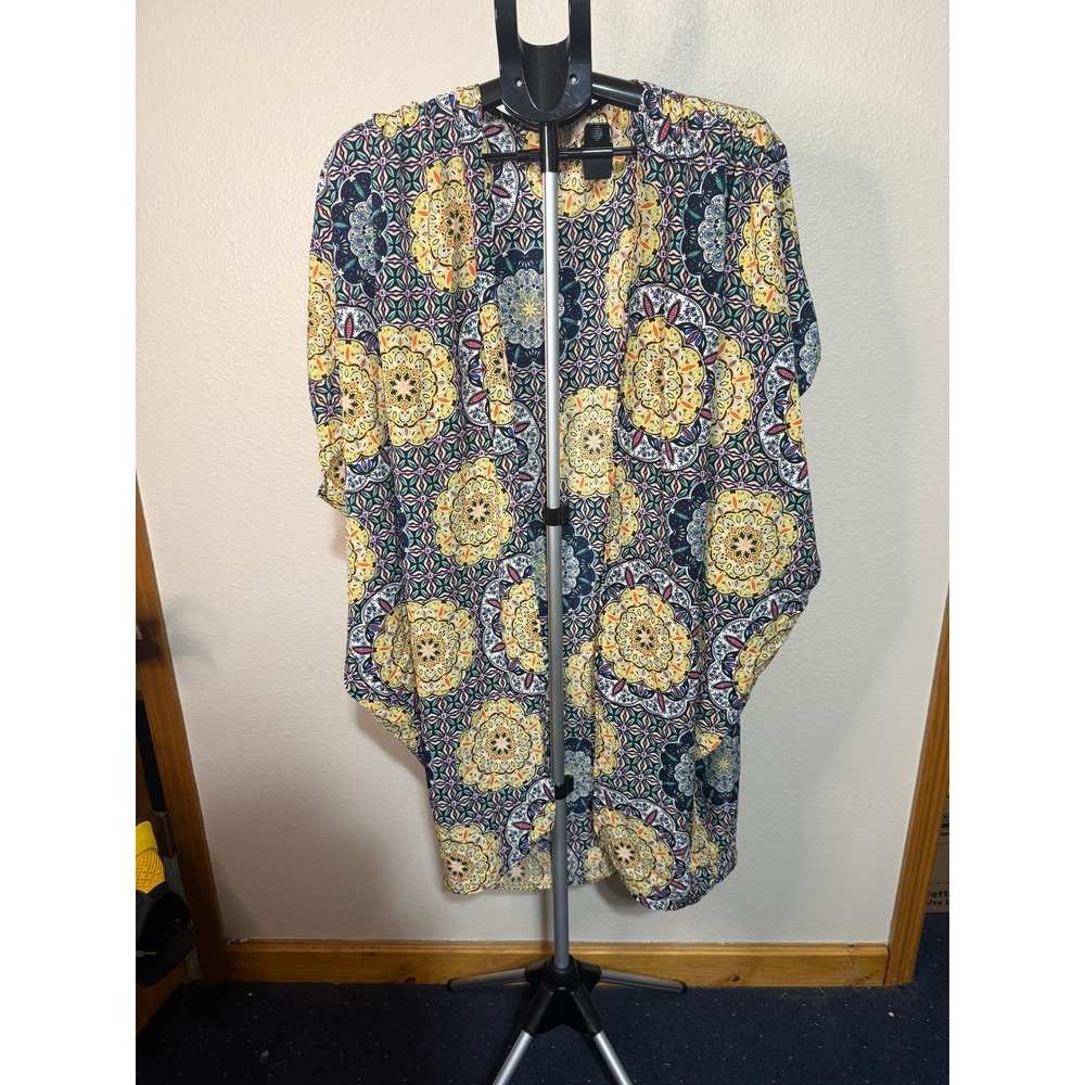 Umgee USA Yellow Navy Mandala‎ Medallion Print Open Front Kimono Cardigan Large